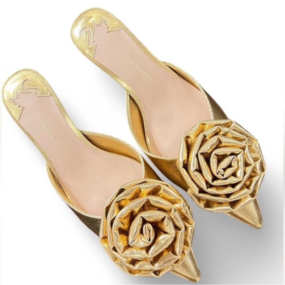 NWT Antonio Melani x Jennifer Sumko Jensy Metallic Coated Flower Dress Mules - Picture 5 of 11